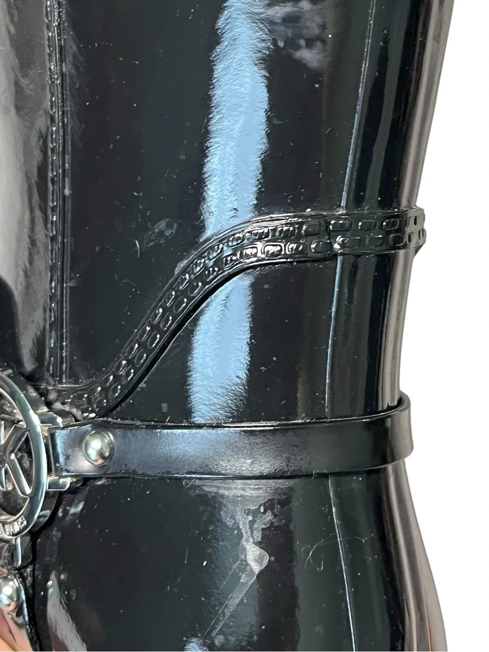MICHAEL KORS Fulton Rubber Slip-On Rain Boots Booties Glossy Black Silver Logo 8